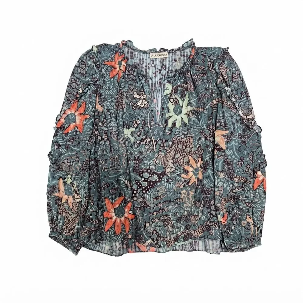 Ulla Johnson Manet Boho Top Size 8 Malachite Floral Ruffle Puff Sleeve Blouse